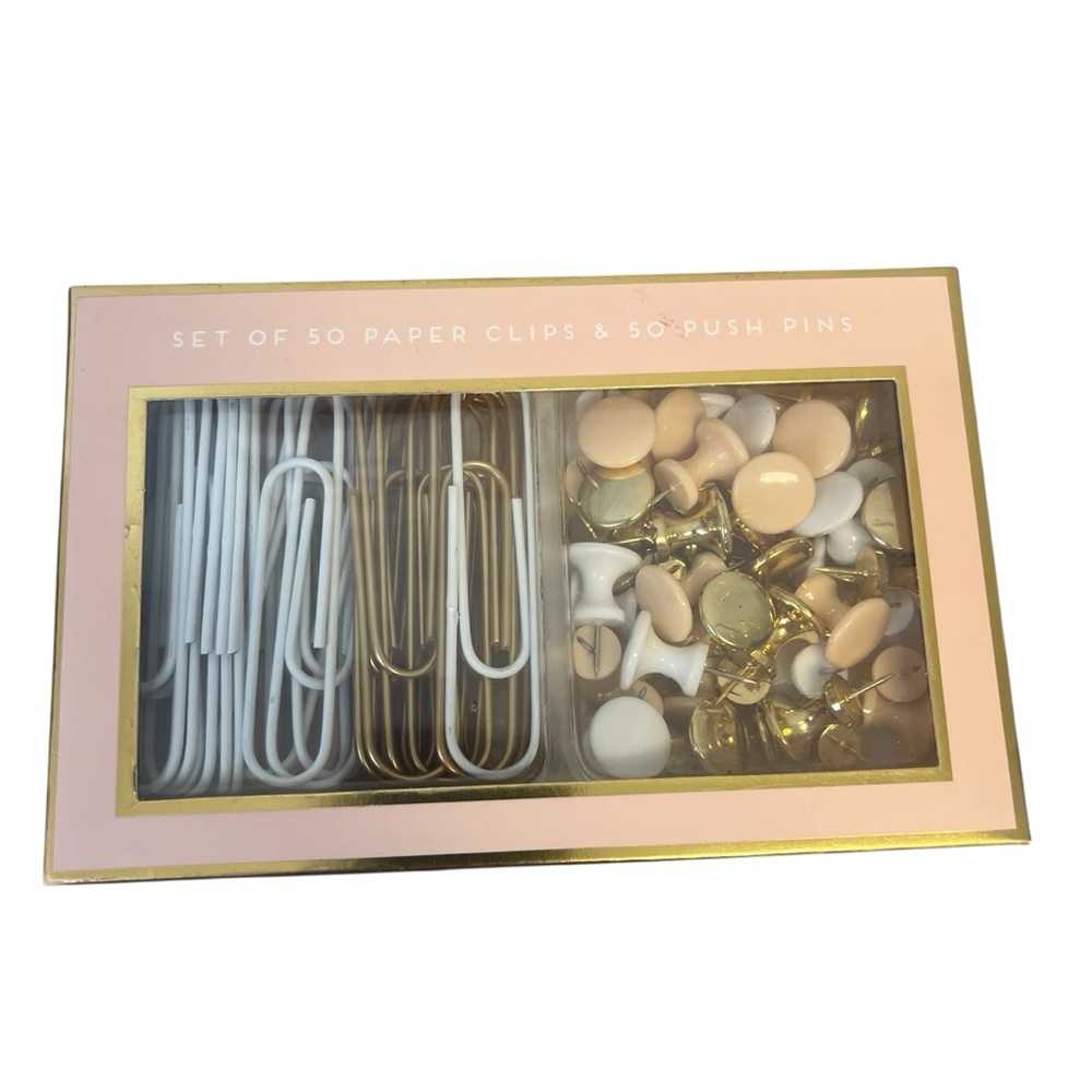 Gold and White Large Paper Clips and Push Pins Set Office/Desk Essentials